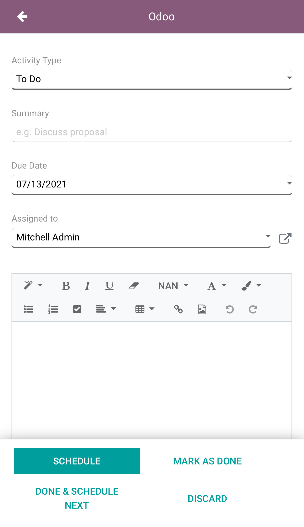 Programa una actividad, como una llamada, reunión o correo electrónico, con el tablero del VoIP de Odoo