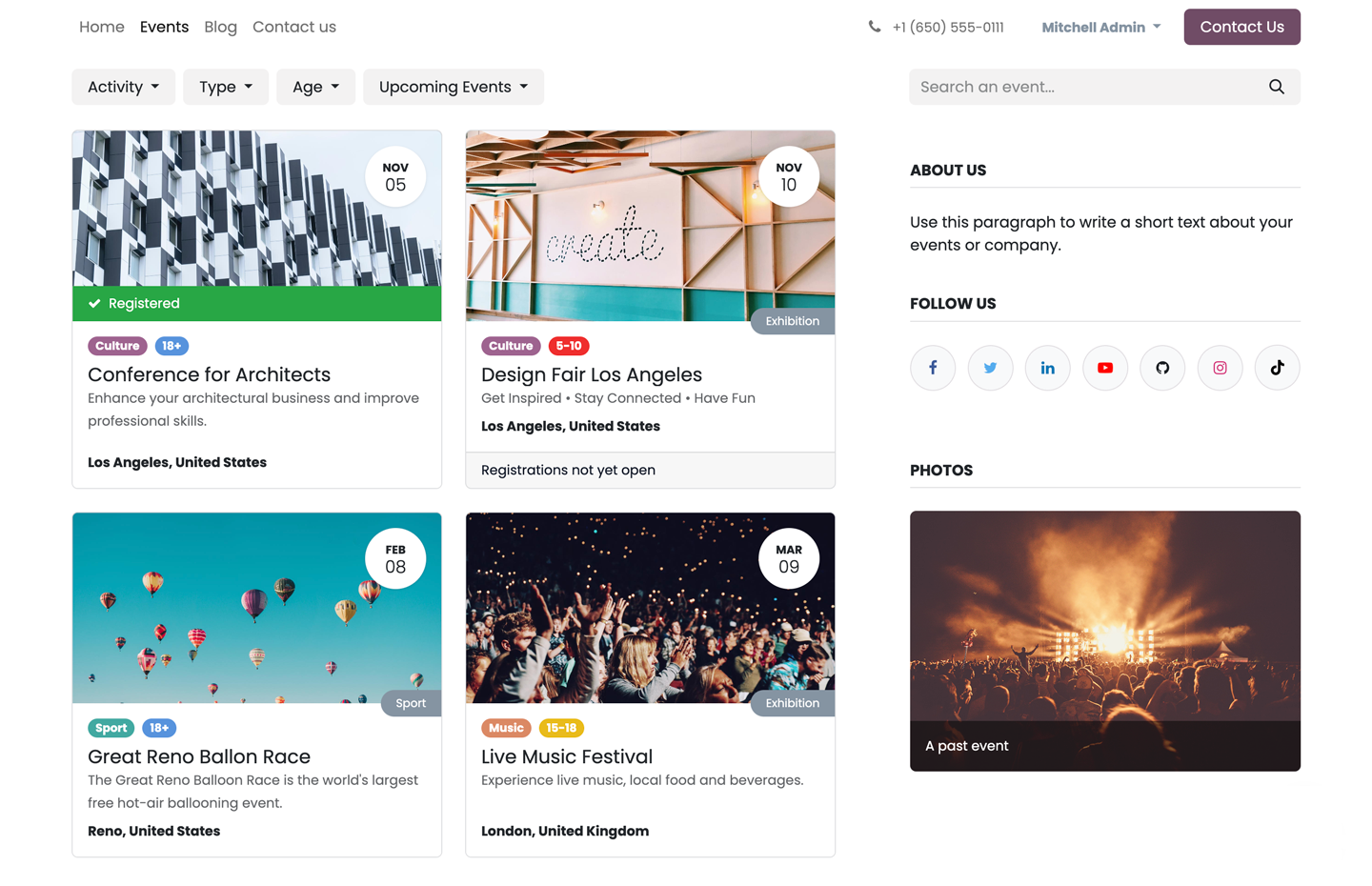 Interfaz de la aplicación Eventos de Odoo