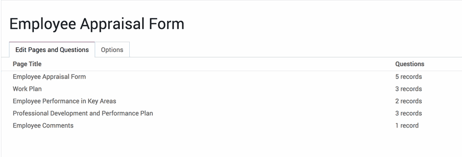 員工表現評核表格內「編輯頁面及問題」部份的特寫圖片