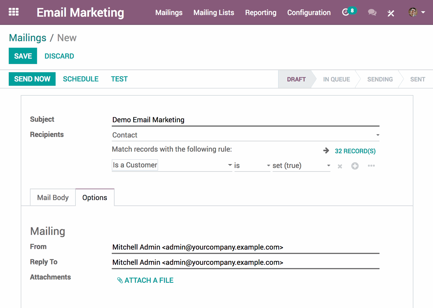 Antarmuka Email Marketing Odoo - membuat mailing list baru