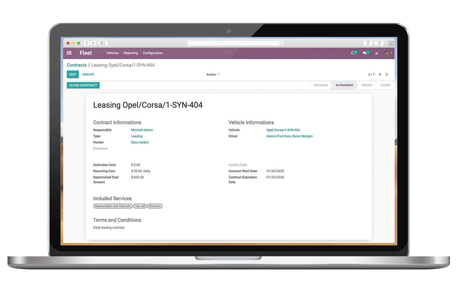 Odoo Fleet's contract interface