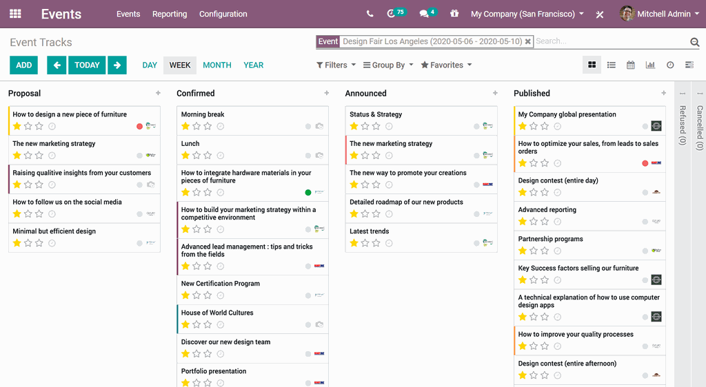 Interfaz de la aplicación Eventos de Odoo - Seguimiento de eventos en la vista de kanban